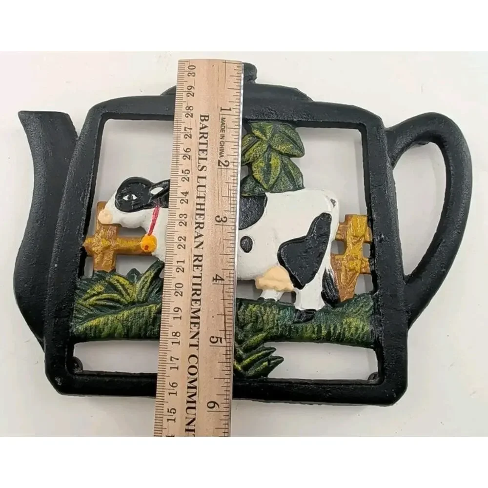 Vintage Cast Iron Teapot White Cow Black Spots Footed Trivet-Country Rustic Farm